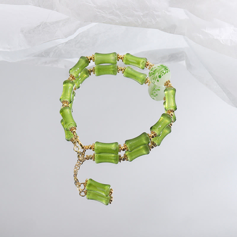 Wear FengShui Green Bamboo Pattern Liuli Crystal Moss Agate Wealth Chain Bracelet