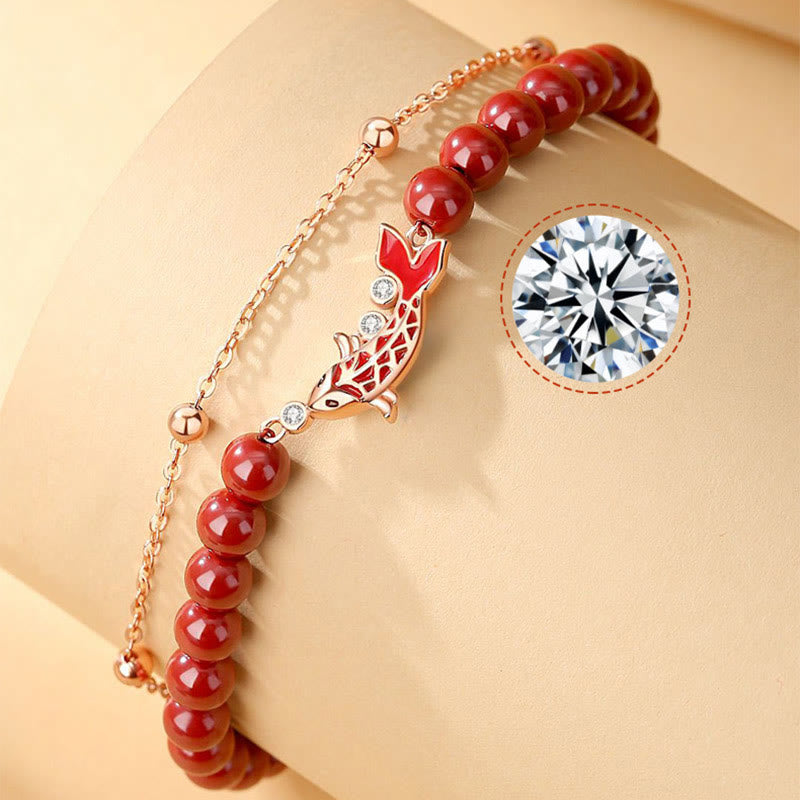 Wear FengShui 925 Sterling Silver Lucky Koi Fish Cinnabar Zircon Prosperity Double Layer Chain Bracelet