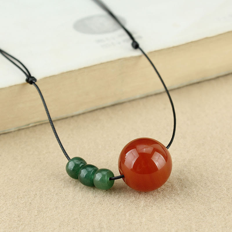 Wear FengShui Red Agate Green Aventurine Green Bodhi Seed Bead Calm Leather Rope Necklace Pendant
