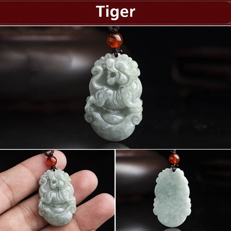 Wear FengShui Natural Jade 12 Chinese Zodiac Sucess Pendant Necklace
