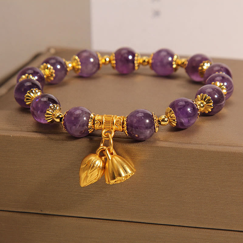 Wear FengShui Natural Amethyst Lotus Healing Spiritual Bracelet