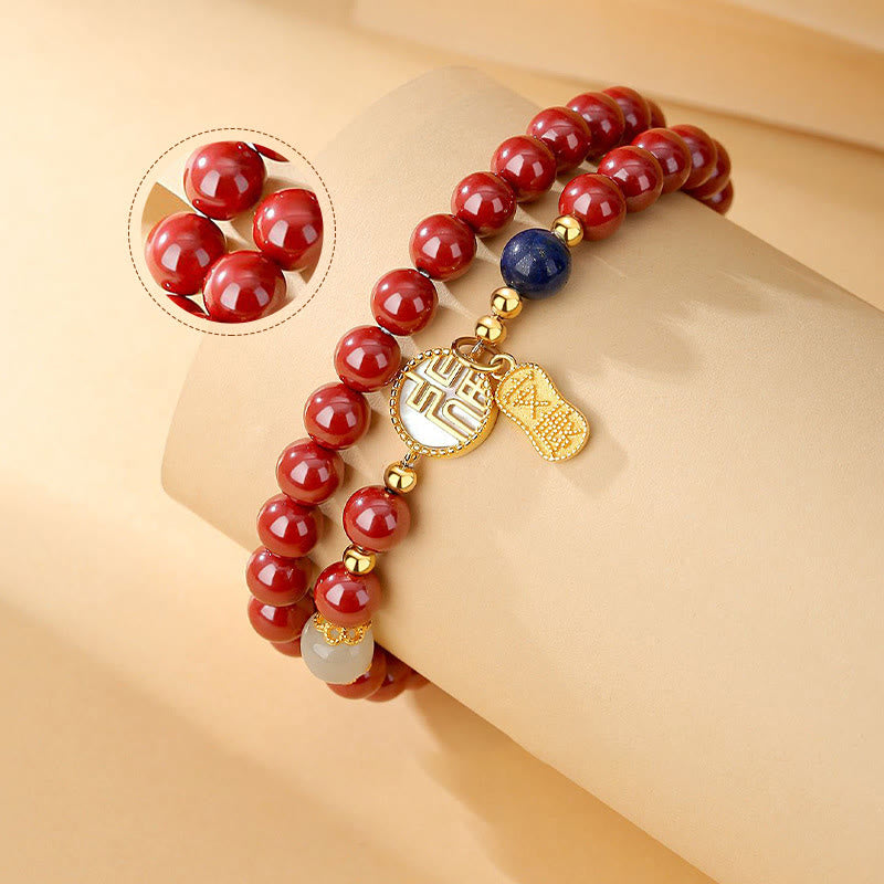 Wear FengShui 925 Sterling Silver Cinnabar Tridacna Stone Fu Character Double Wrap Blessing Bracelet