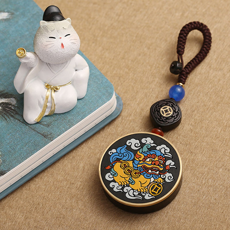 Wear FengShui PiXiu Copper Coin Ebony Wood Luck Attract Wealth Key Chain Decoration