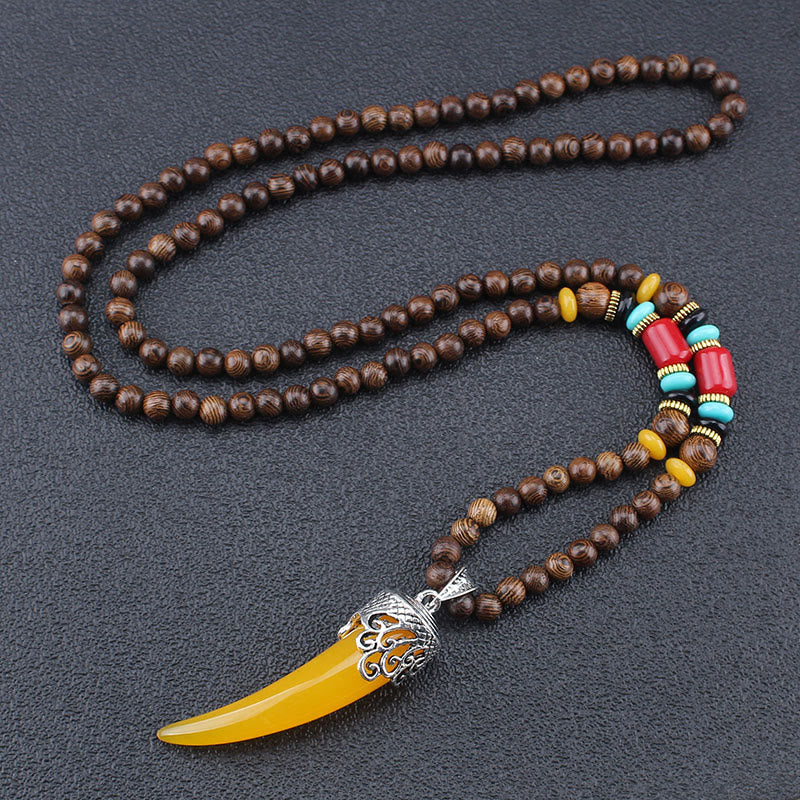 Wear FengShui Wenge Wood Turquoise Stone Horn Style Protection Meditation Necklace Pendant