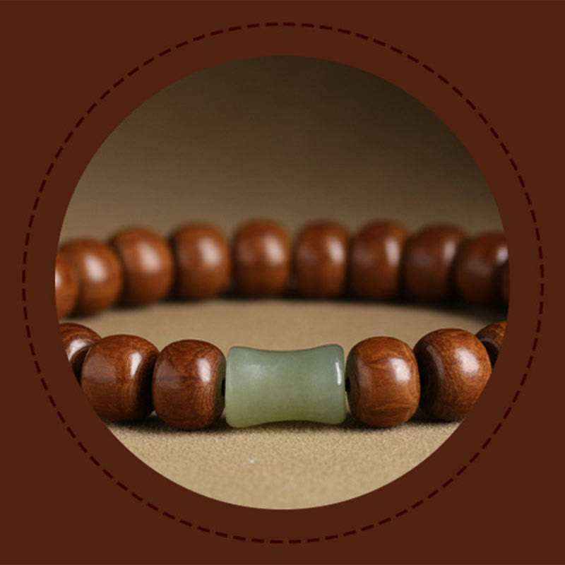 Wear FengShui Natural Abelia Biflora Wood Hetian Jade Bamboo Bead Warding Off Evil Spirits Bracelet