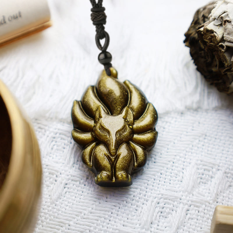 Wear FengShui Natural Fluorite Gold Sheen Obsidian Fox Pendant Protection Necklace
