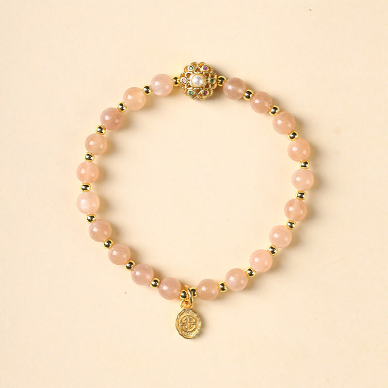 Wear FengShui 14K Gold Plated Natural Strawberry Quartz Labradorite Sun Stone Fu Character Positive Charm Bracelet