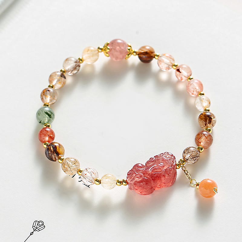 Wear FengShui Natural Rutilated Quartz Strawberry Quartz PiXiu Wealth Bracelet