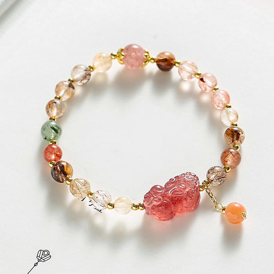 Wear FengShui Natural Rutilated Quartz Strawberry Quartz PiXiu Wealth Bracelet