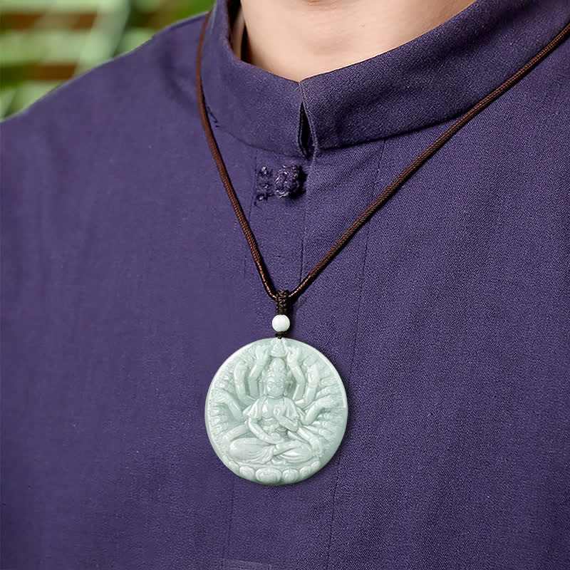 Wear FengShui Thousand-Hand Kwan Yin Avalokitesvara Jade Blessing String Necklace Pendant