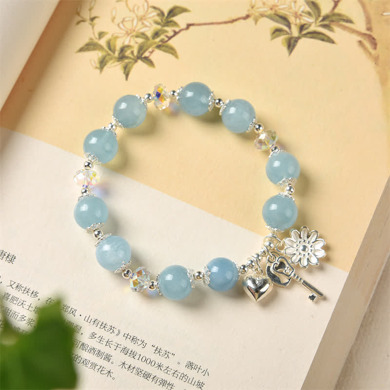 Wear FengShui 925 Sterling Silver Natural Aquamarine Serenity Flower Love Key Charm Bracelet