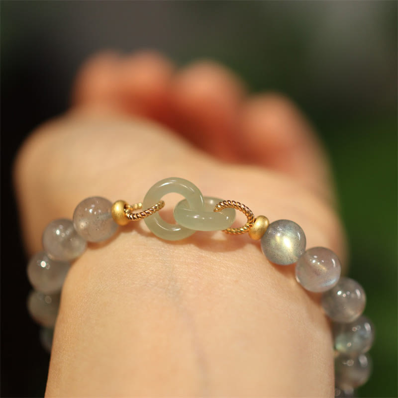 Wear FengShui Natural Moonstone Heitan Jade Peace Buckle Healing Bracelet