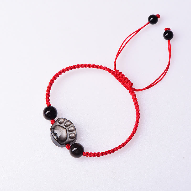 Wear FengShui Natural Silver Sheen Obsidian Gold Sheen Obsidian Cute Cat Paw Claw Protection Rope Bracelet