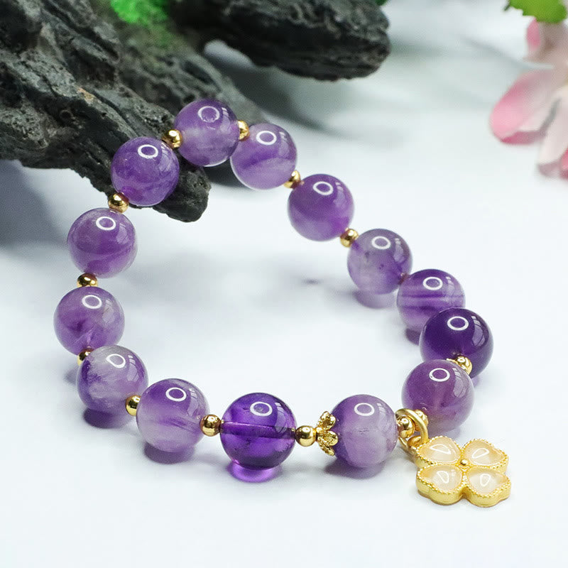 Wear FengShui Natural Amethyst Crystal Inner Peace Four Leaf Clover Charm Bracelet