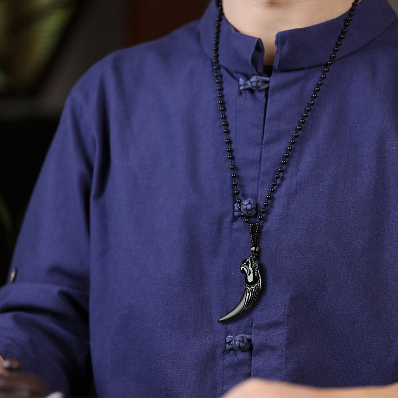 Wear FengShui Natural Black Jade Chinese Zodiac Dragon Tooth Pattern Protection Necklace Pendant