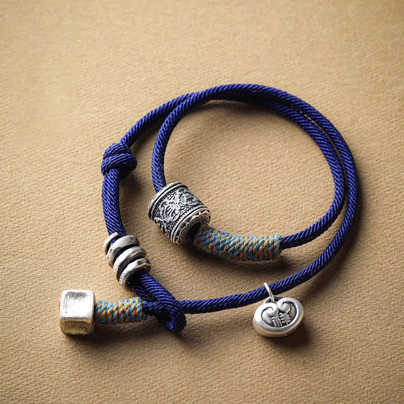 Wear FengShui Handmade Tibetan Om Mani Padme Hum Carved Auspicious Amulet Double Wrap Rope Bracelet
