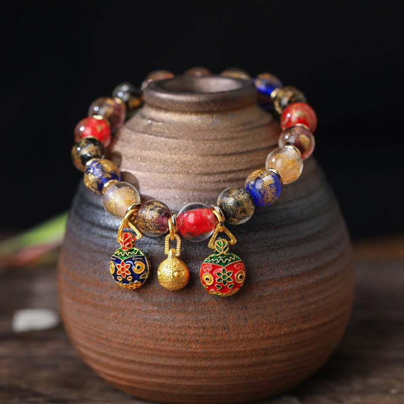 Wear FengShui Gold Swallowing Beast Family Charm Gold Silver Foil Liuli Glass Bead Blessings Bracelet
