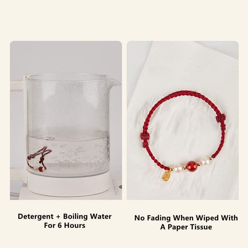 Wear FengShui 925 Sterling Silver Good Fortune Fu Character Agate Pearl Red String Braid Bracelet