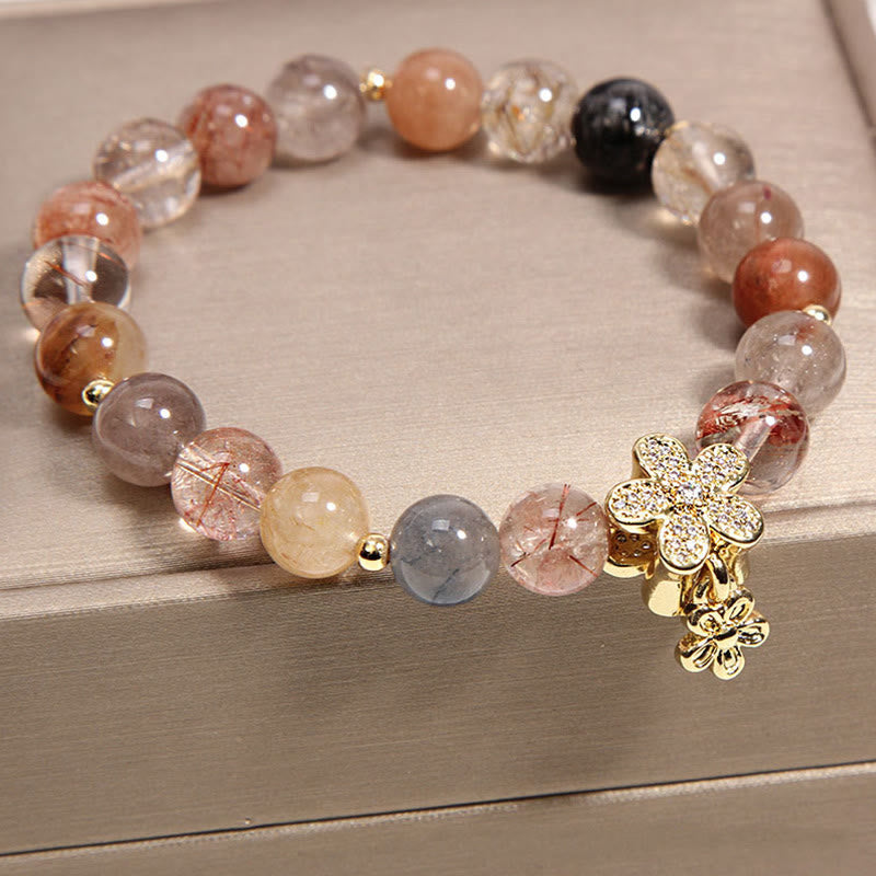 Wear FengShui Multicolored Rutilated Quartz Citrine Wealth Protection Flower Bracelet