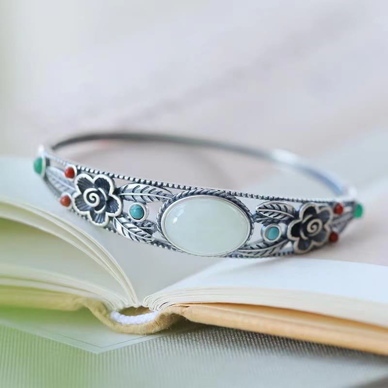 Wear FengShui Cyan Jade White Jade Flower Leaf Harmony Luck Bracelet Bangle