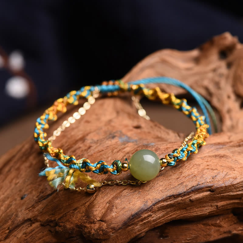Wear FengShui Handmade Colorful Rope Luck Jade Bead Abundance Double Layer Bracelet