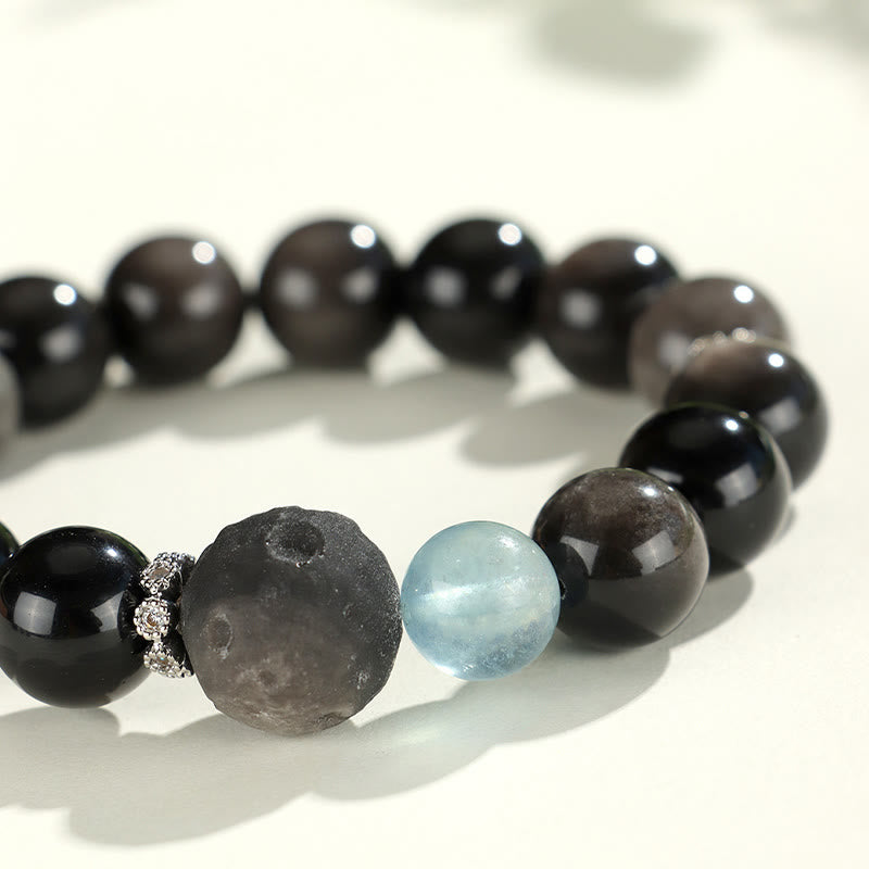 Wear FengShui Natural Silver Sheen Obsidian Cat Head Fox Planet Protection Bracelet