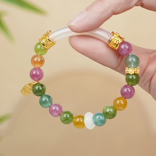 Wear FengShui Colorful Tourmaline Chalcedony Positive Fu Character Charm Bracelet