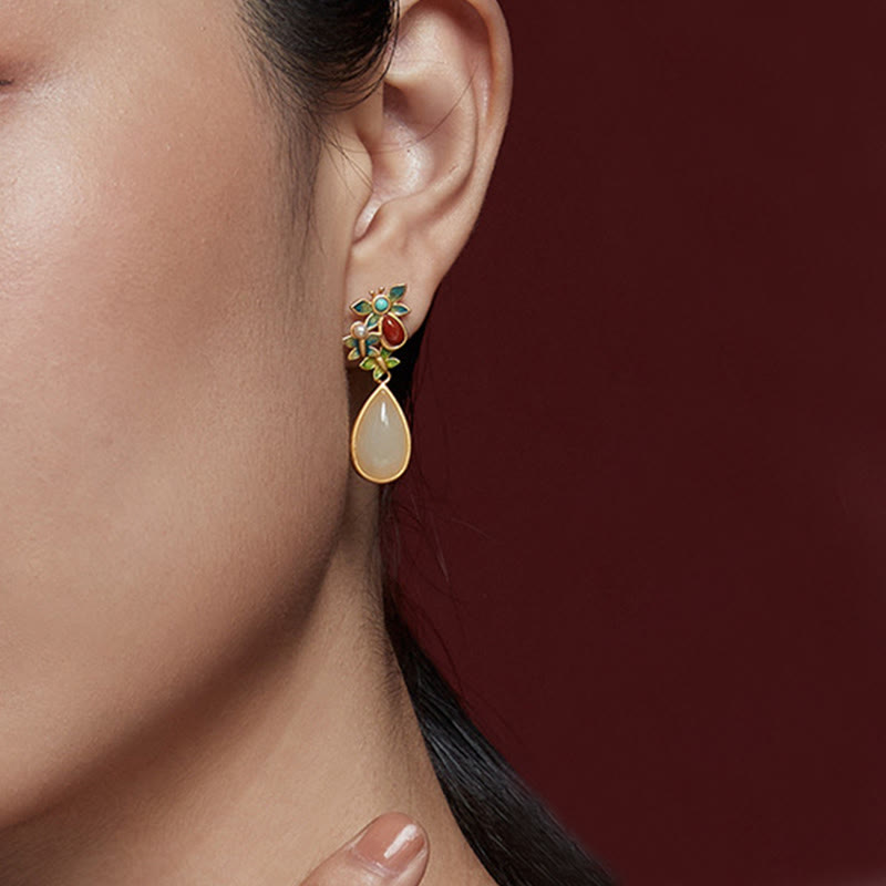 Wear FengShui Water Drop White Jade Red Agate Butterfly Protection Drop Dangle Earrings