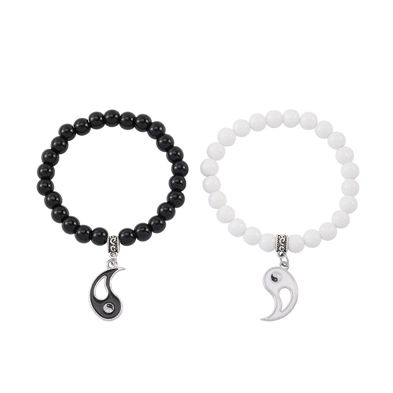 Wear FengShui 2Pcs Black Onyx White Turquoise Bead Yin Yang Protection Couple Bracelet