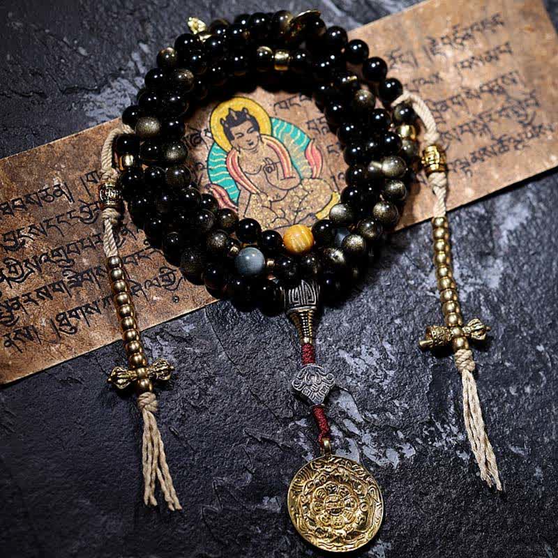 Wear FengShui 108 Mala Beads Gold Sheen Obsidian Tiger Eye Eagle's Eye Stone Wealth Bracelet
