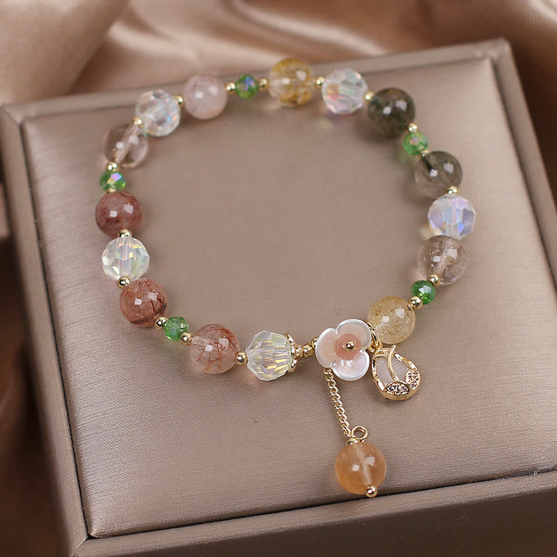 Wear FengShui Strawberry Quartz Rutilated Quartz Fluorite Flower Healing Bracelet