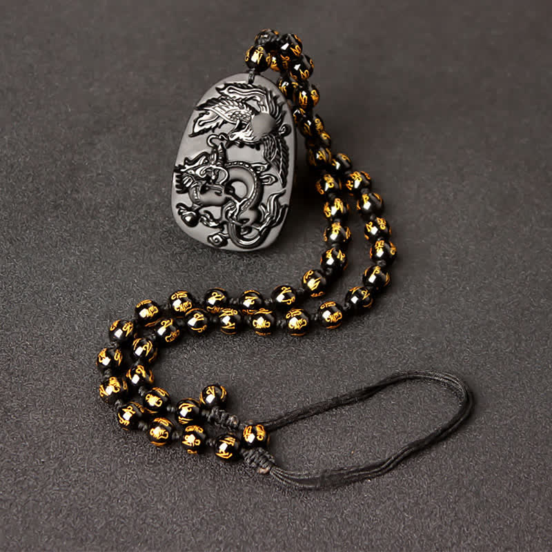 Wear FengShui Black Obsidian Tiger Eye Dragon Phoenix Protection Beaded Necklace Pendant