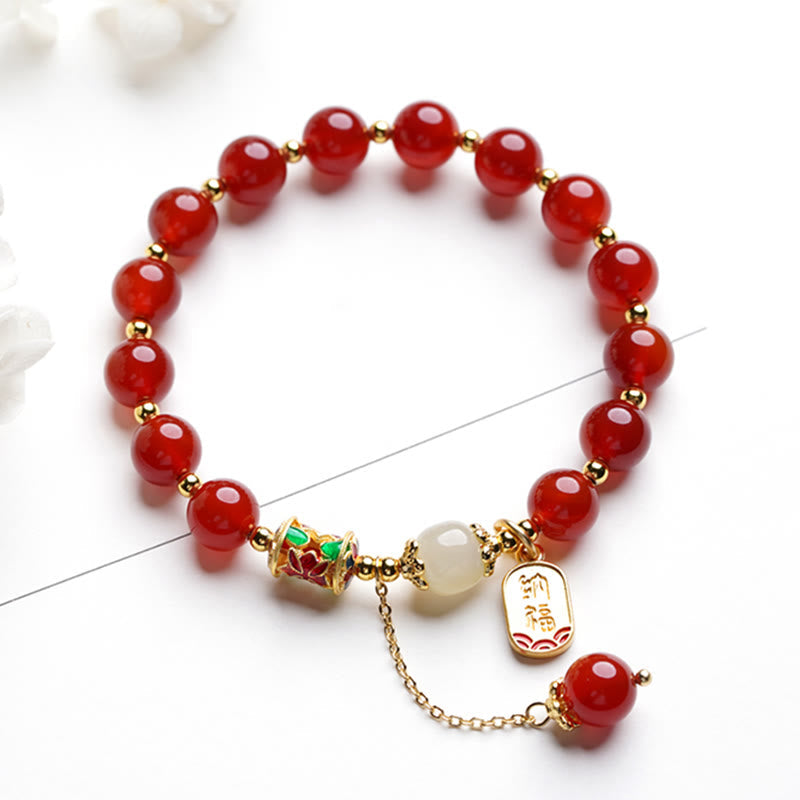 Wear FengShui Natural Red Agate Hetian Jade Fu Character Confidence Charm Bracelet