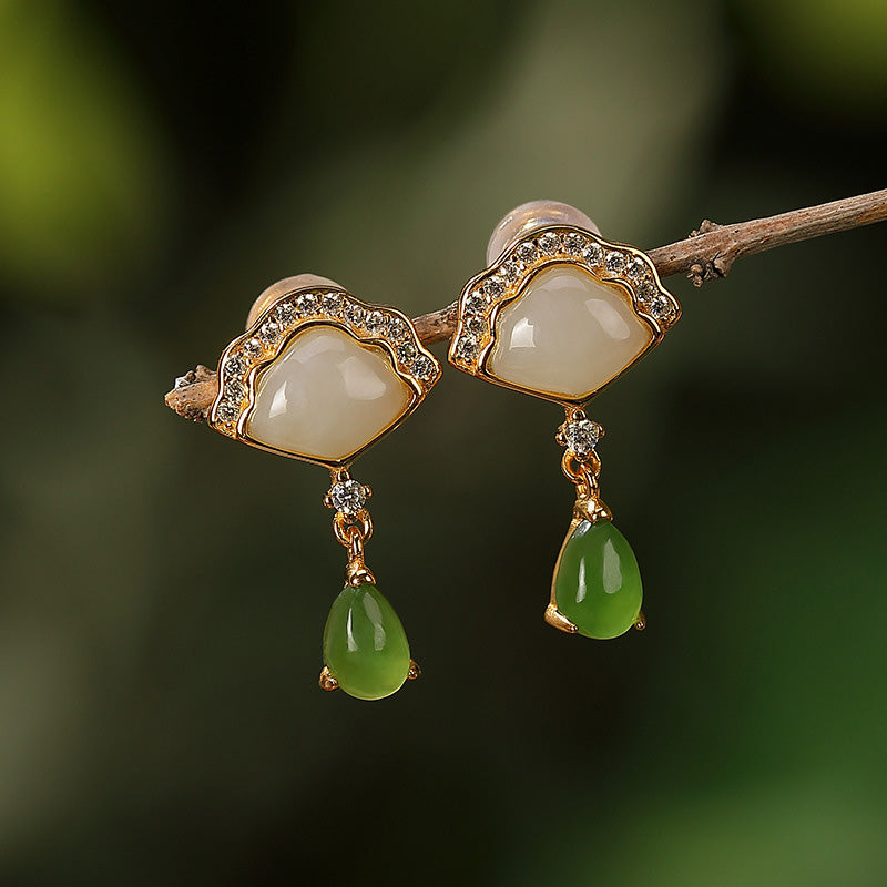 Wear FengShui White Jade Cyan Jade Fan Water Drop Pattern Luck Drop Earrings