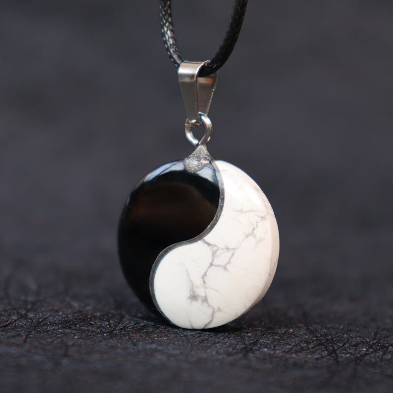 Wear FengShui Natural Black Obsidian White Turquoise Yin Yang Transformation Rope Necklace Pendant