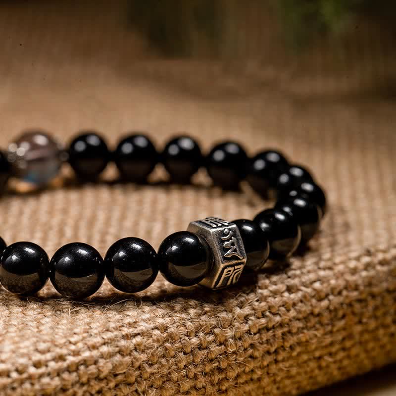 Wear FengShui Chinese Zodiac Natal Buddha 925 Sterling Silver Black Obsidian Moonstone Strength Bracelet