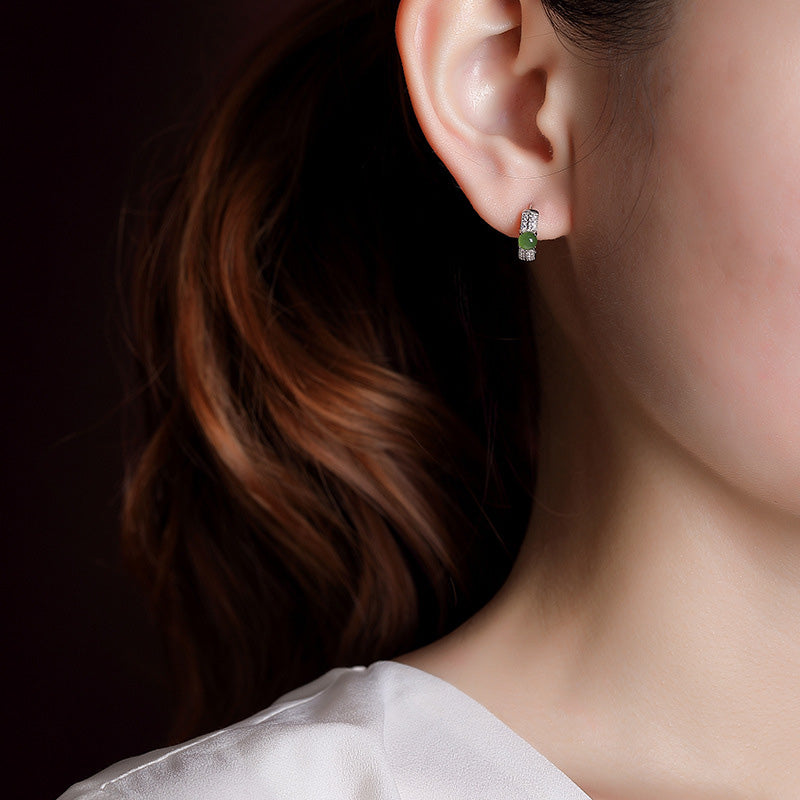 Wear FengShui 925 Sterling Silver Round Cyan Jade Success Stud Earrings