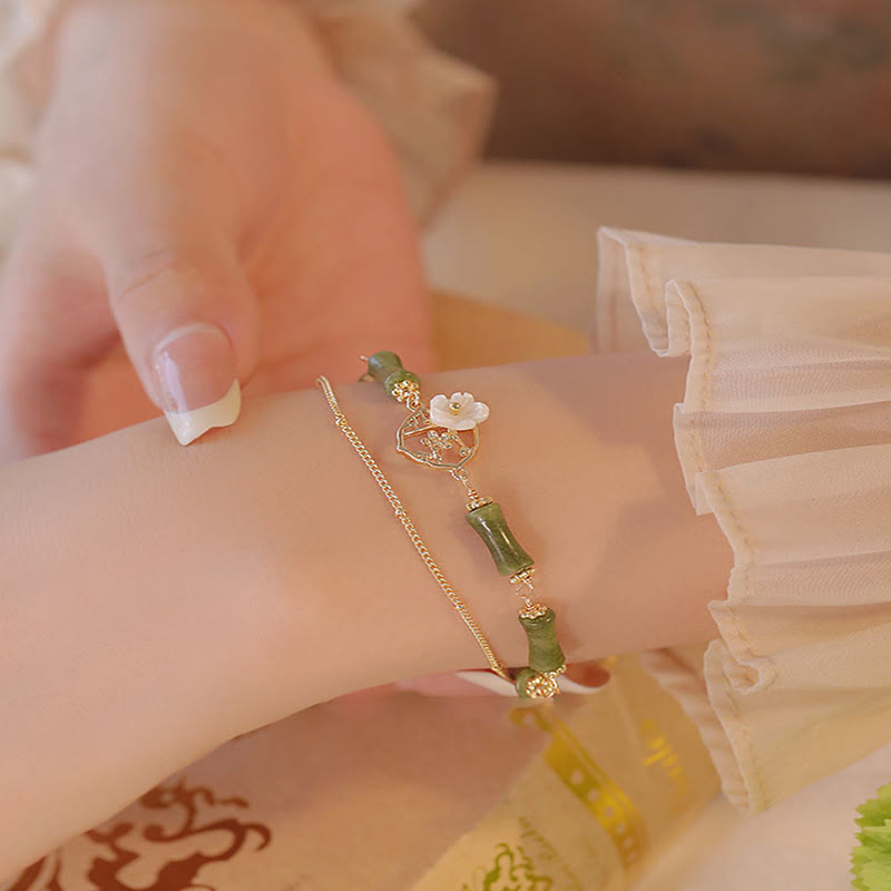 Wear FengShui 14k Gold Plated Copper Peridot Bamboo Flower Wealth Double Layer Bracelet