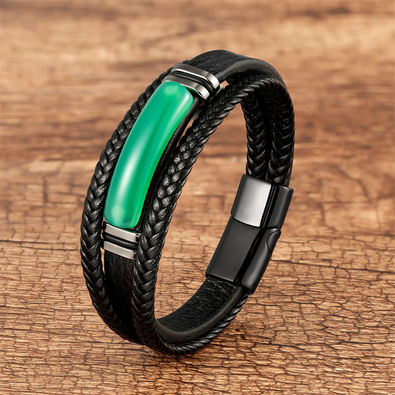 Wear FengShui Natural Stone Green Agate Power Multilayered Braided Leather Bracelet