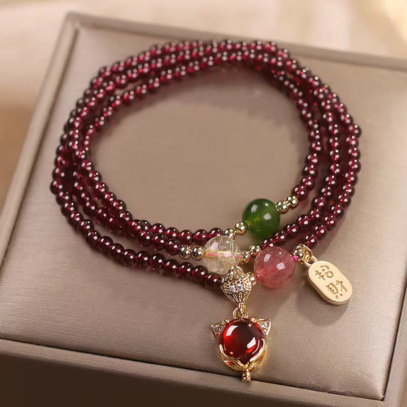 Wear FengShui Natural Garnet Strawberry Quartz Crystal Fox Koi Fish Peace Buckle Fortune Protection Triple Wrap Bracelet