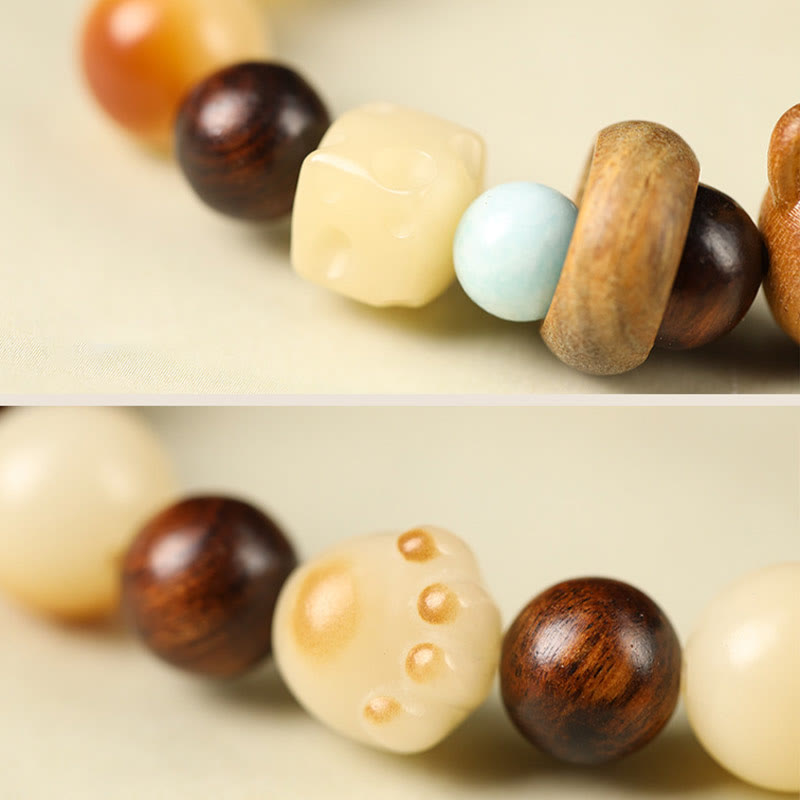 Wear FengShui Natural Bodhi Seed Sandalwood Lucky Cute Cat Head Paw Claw Peace Bracelet