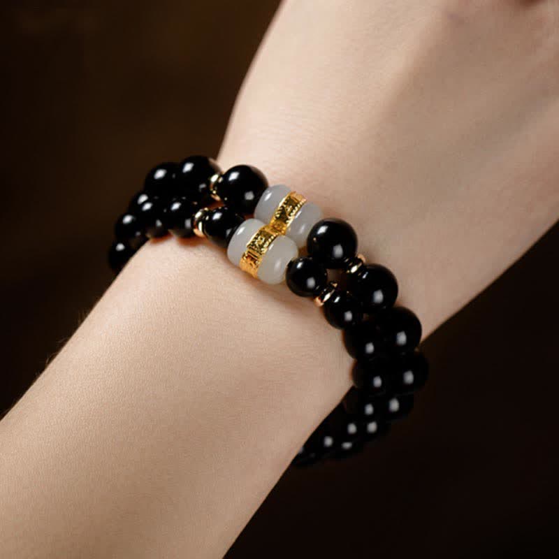 Wear FengShui Black Obsidian Jade Om Mani Padme Hum Strength Couple Magnetic Bracelet