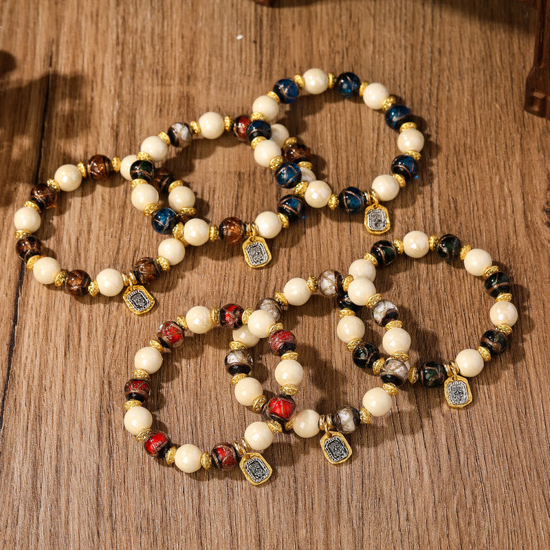 Wear FengShui Tibetan Zakiram Goddess of Wealth Charm Liuli Glass Incense Ash Porcelain Bead Protection Bracelet