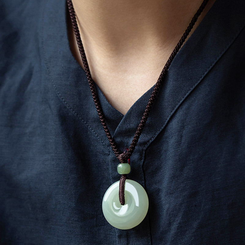 Wear FengShui Natural Round Jade Peace Buckle Luck Prosperity Necklace Pendant