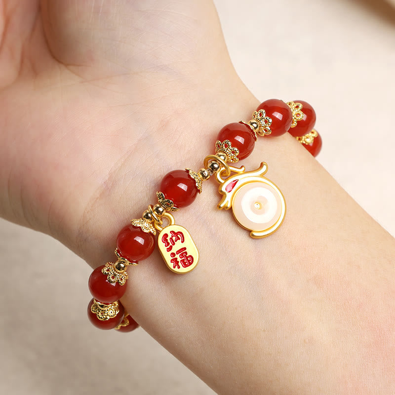 Wear FengShui Year of the Dragon Red Agate Green Aventurine Peace Buckle Fu Character Lucky Fortune Bracelet
