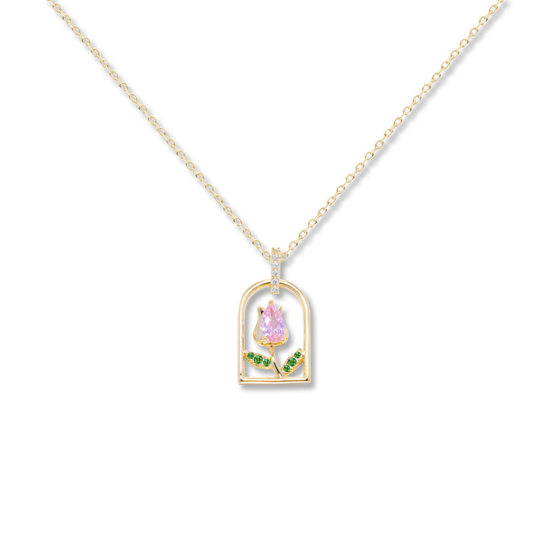 Pink Tulip Pendant Necklace for Women | Gold-Plated Crystal Charm with Thin Delicate Chain