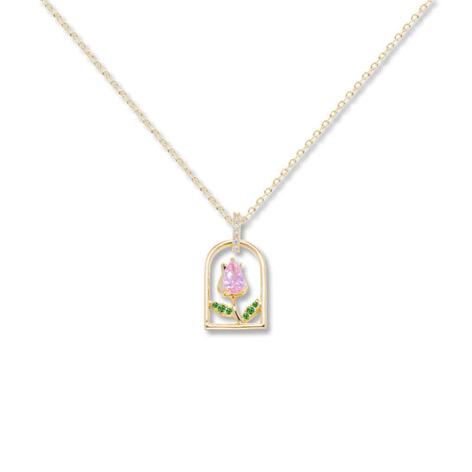 Pink Tulip Pendant Necklace for Women | Gold-Plated Crystal Charm with Thin Delicate Chain