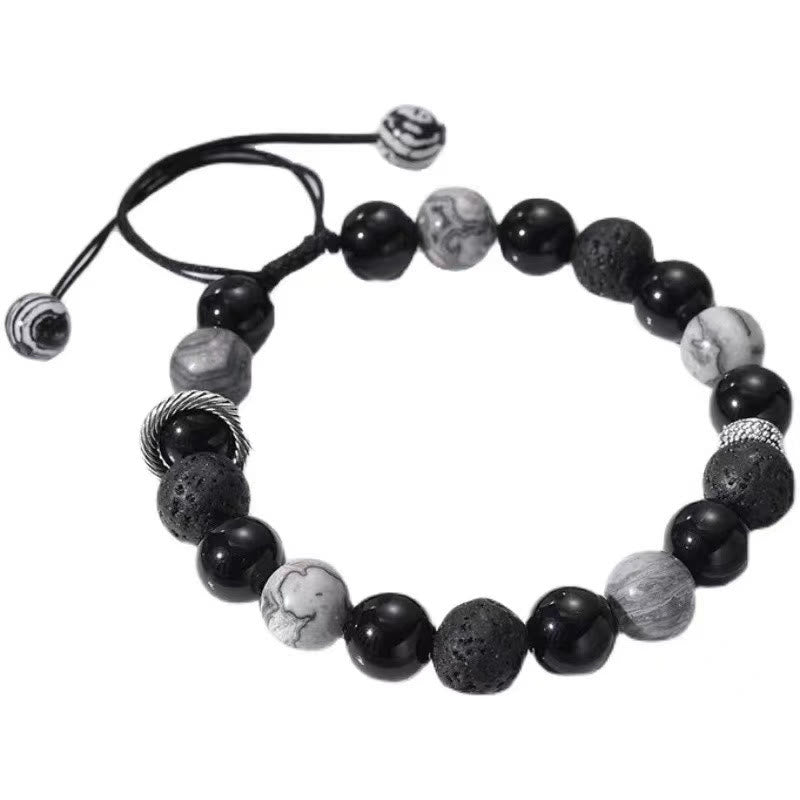 Wear FengShui Vintage Lava Rock Black Obsidian Picasso Jasper Beads Support Rope Bracelet