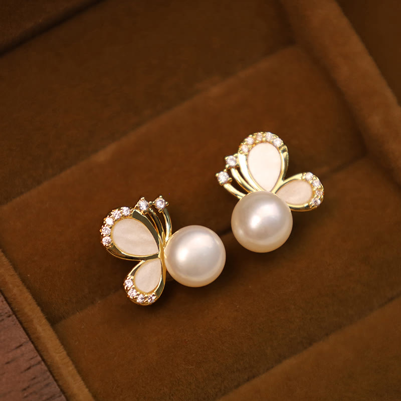 Wear FengShui 925 Sterling Silver Posts 18K Gold Plated Copper Natural Pearl Butterfly Zircon Healing Stud Earrings