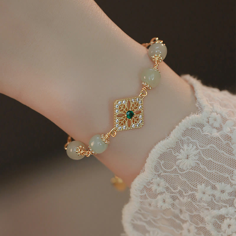 Wear FengShui Natural Hetian Jade Bead Square Pattern Luck Chain Bracelet